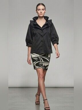 Samuel Dong Cropped Ruffled Collar Evening-wear Cocktail Jacket / Sz L / Black